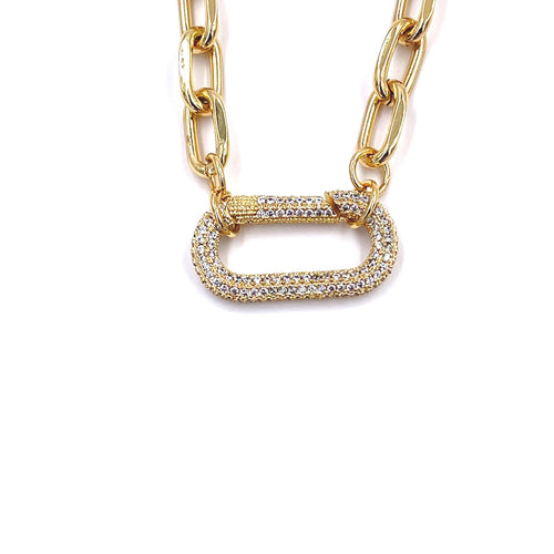 Ashley Gold Stainless Steel Gold Plated Large Open CZ Rectangle Lock Link Necklace